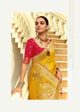 India Silk Yellow Presents A Pure Viscose Saree Featuring A Delicately Hand-Worked Body That Showcases Exquisite Craftsmanship